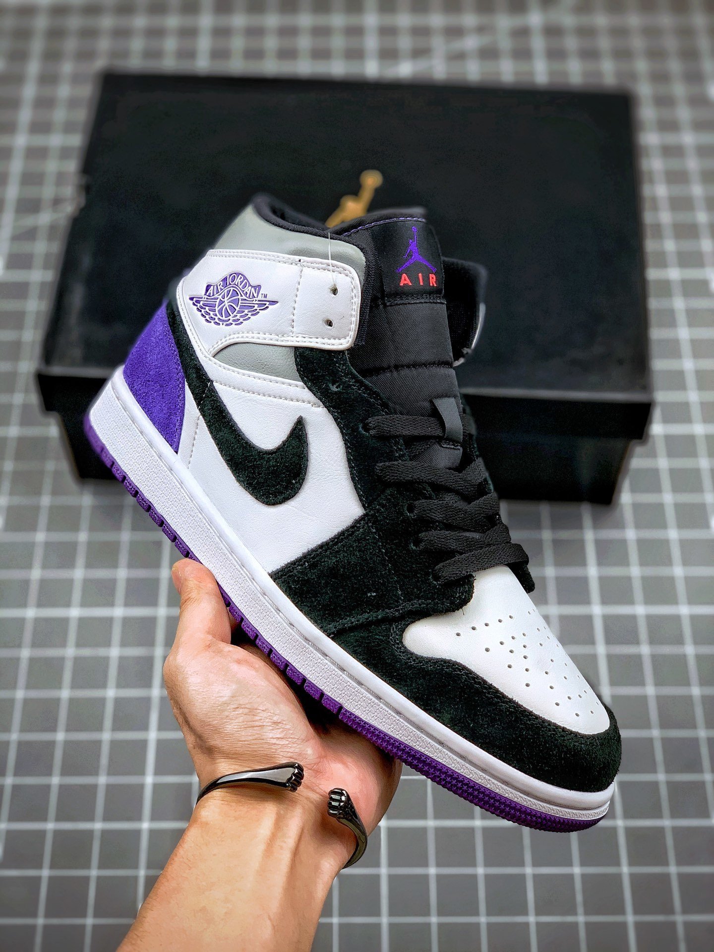 Air Jordan 1 Mid Purple Black Suede Heels 852542-105
