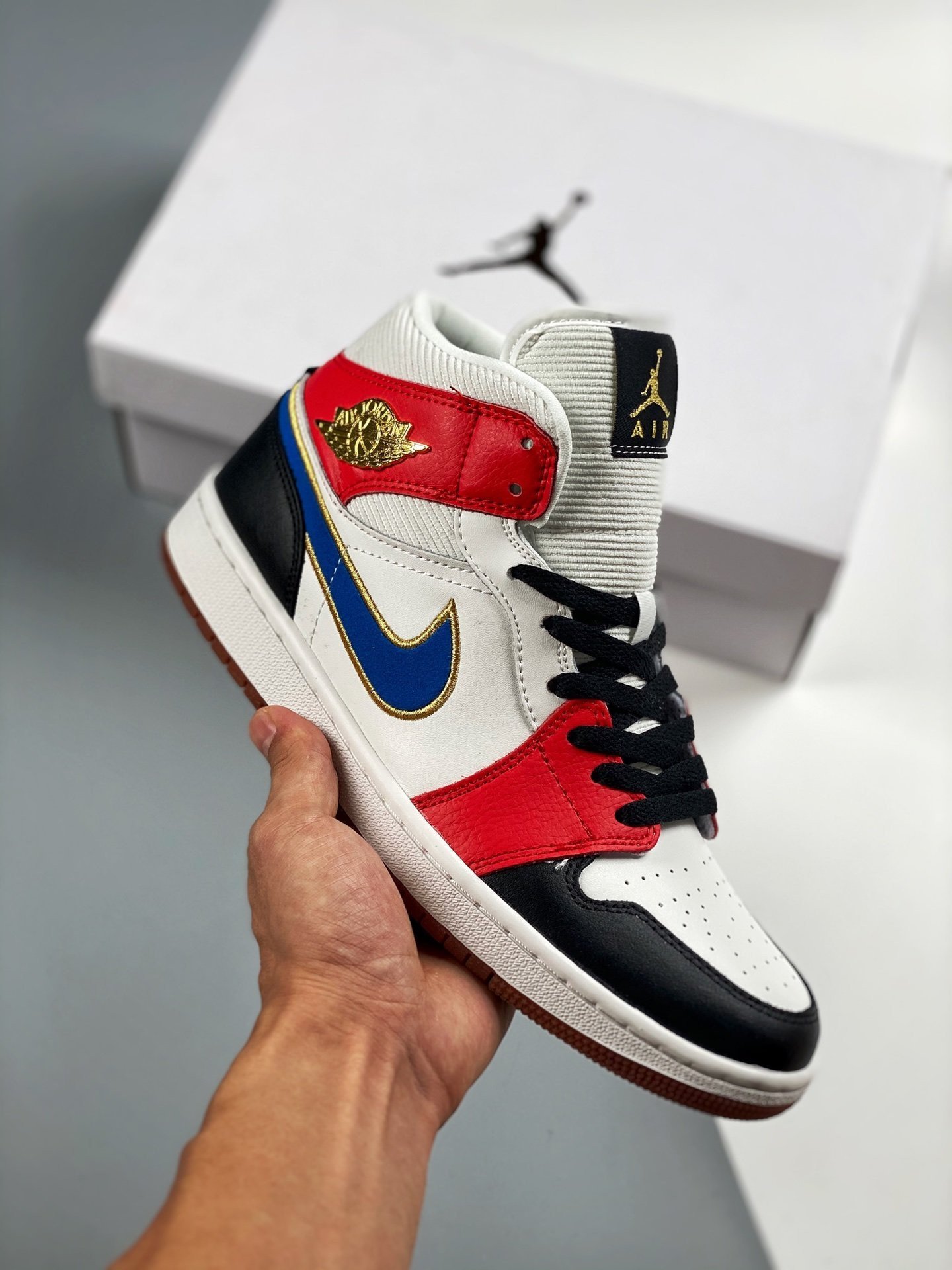 Air Jordan 1 Mid Sail Red Black Blue Gold DC1426-100