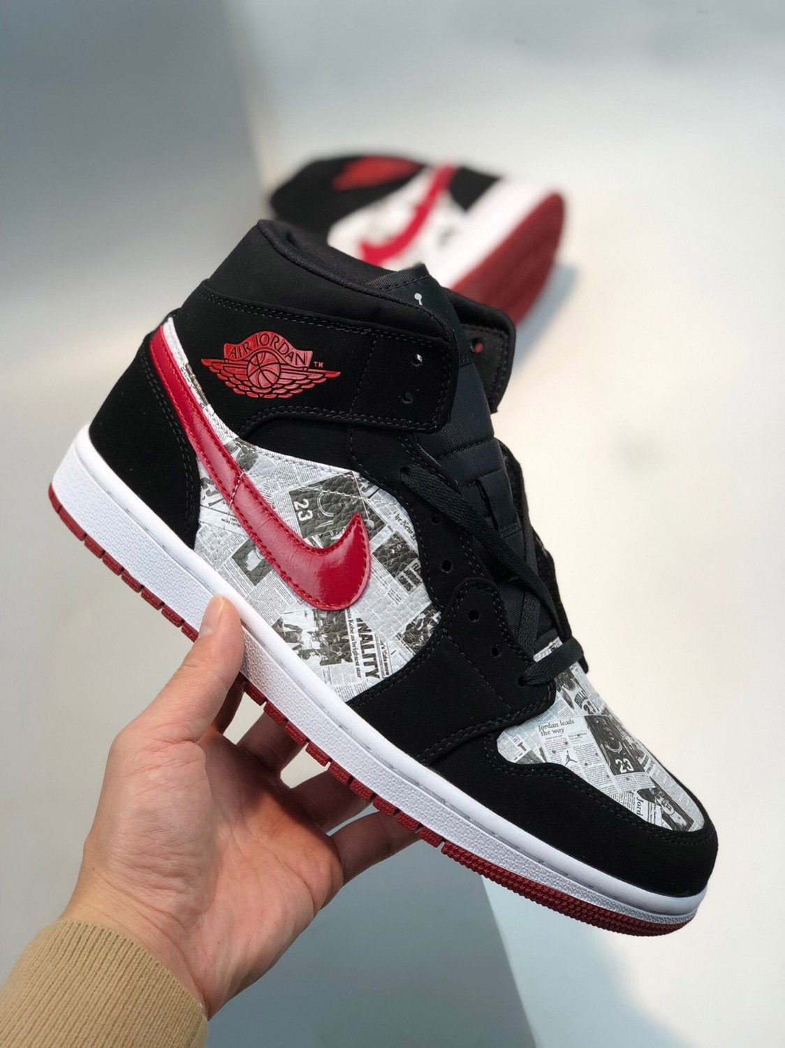 Air Jordan 1 Mid SE Newspaper Black/Gym Red-White 852542-061
