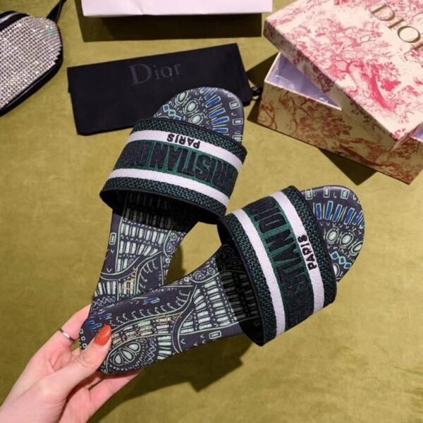 Christian Dior Dway Kaleidiorscopic Mule Sandals in Embroidered CottonSpring /Summer Collection Green /Black - Image 3