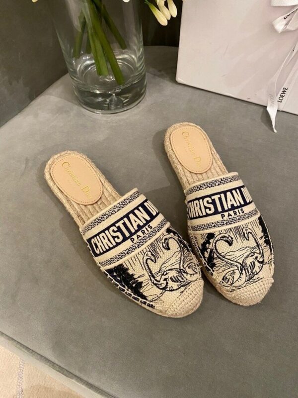 Christian Dior Tiger Toile de Jouy Espadrille MulesSpring /Summer 2020 Collection, Navy /Beige - Image 8