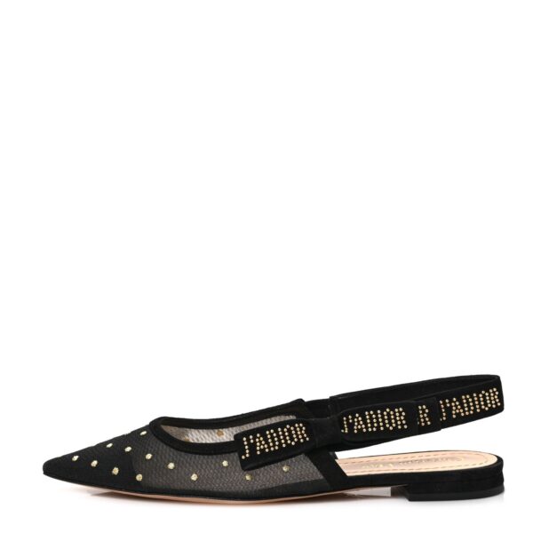 Dior Plumetis Mesh Ribbon Dotted Studded Ballet Flats Black Gold