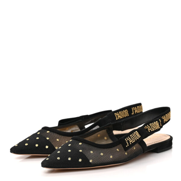 Dior Plumetis Mesh Ribbon Dotted Studded Ballet Flats Black Gold - Image 2