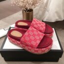 Gucci Angelina GG Logo Canvas Flatform Slide Sandals Spring/Summer Collection Red Women Shoes