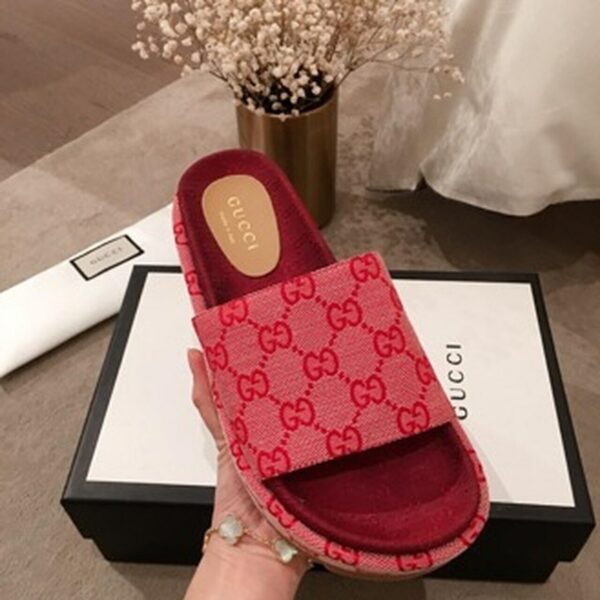 Gucci Angelina GG Logo Canvas Flatform Slide Sandals Spring/Summer Collection Red Women Shoes - Image 2