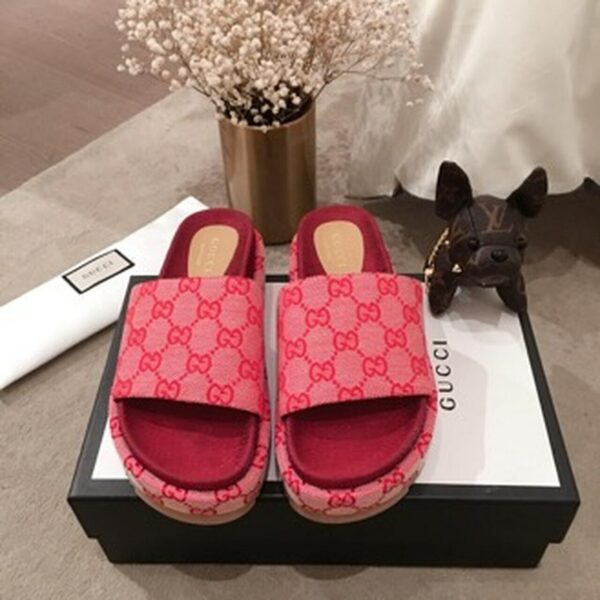 Gucci Angelina GG Logo Canvas Flatform Slide Sandals Spring/Summer Collection Red Women Shoes - Image 8