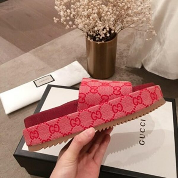 Gucci Angelina GG Logo Canvas Flatform Slide Sandals Spring/Summer Collection Red Women Shoes - Image 3