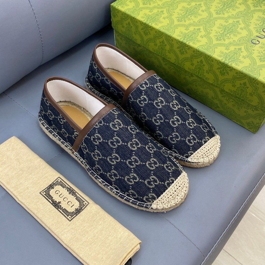 Gucci Blue Denim And Leather Jacquard Espadrille Flats EU36-45