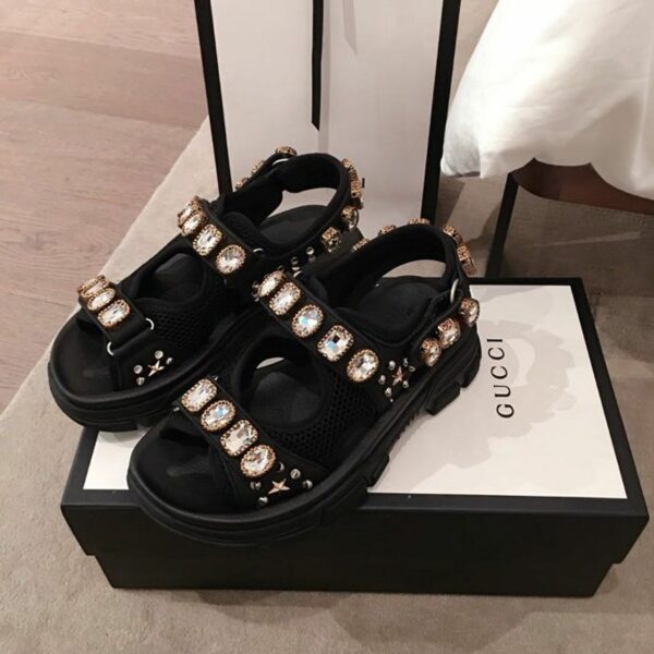 Gucci Crystal Open Track Velcro SandalsSpring/Summer 2020 Collection, Black Women Shoes