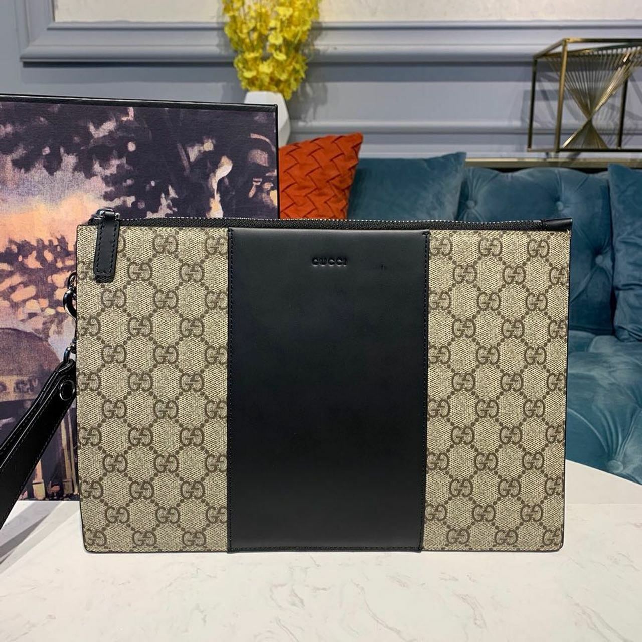 Gucci Guccissima Motif Zip Pouch 30cm Leather Trim Canvas Fall/Winter 2019 Collection, Brown/Black
