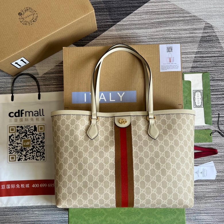 Gucci Ophidia GG Medium Tote Beige And White GG Canvas 631685