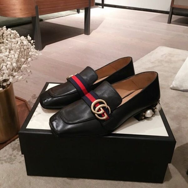 Gucci Pearl Embelished Peyton Mid-HeelsSpring/Summer Collection Black Women Shoes - Image 5