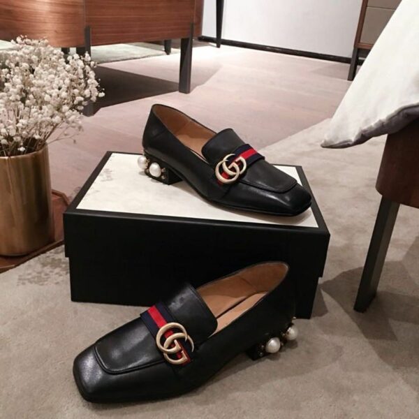 Gucci Pearl Embelished Peyton Mid-HeelsSpring/Summer Collection Black Women Shoes - Image 9