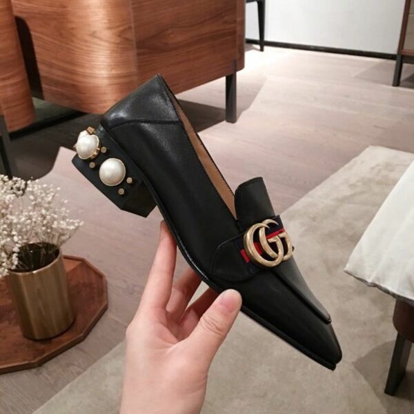 Gucci Pearl Embelished Peyton Mid-HeelsSpring/Summer Collection Black Women Shoes - Image 4