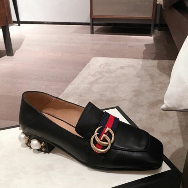 Gucci Pearl Embelished Peyton Mid-HeelsSpring/Summer Collection Black Women Shoes - Image 7