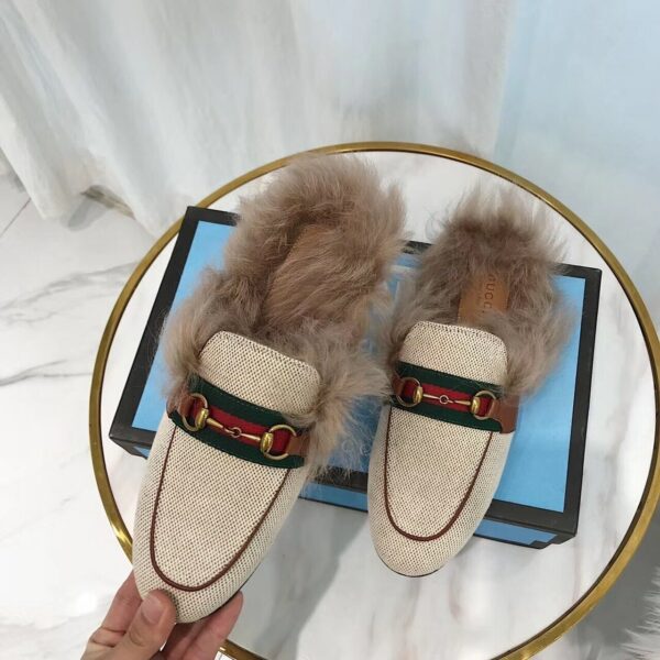 Gucci Princetown Canvas Fur Slipper MulesPre-Fall/Winter Collection Women Shoes - Image 4