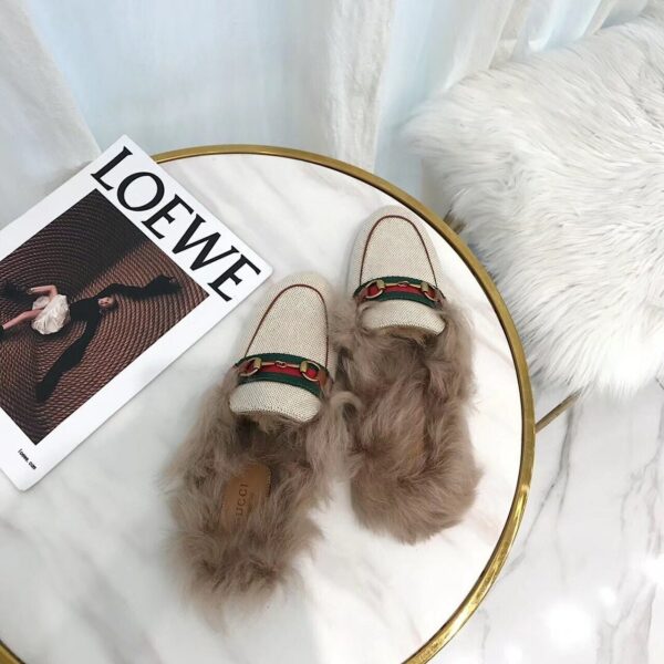 Gucci Princetown Canvas Fur Slipper MulesPre-Fall/Winter Collection Women Shoes - Image 3
