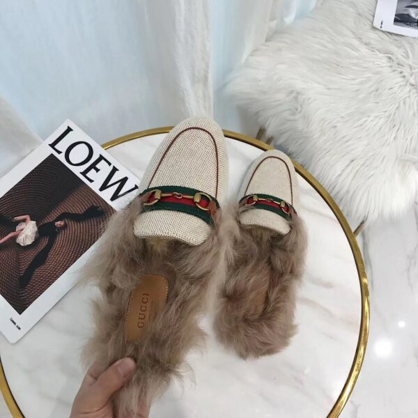 Gucci Princetown Canvas Fur Slipper MulesPre-Fall/Winter Collection Women Shoes - Image 7