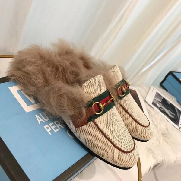 Gucci Princetown Canvas Fur Slipper MulesPre-Fall/Winter Collection Women Shoes - Image 6
