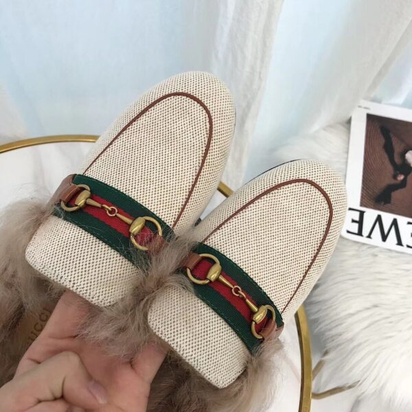 Gucci Princetown Canvas Fur Slipper MulesPre-Fall/Winter Collection Women Shoes - Image 5