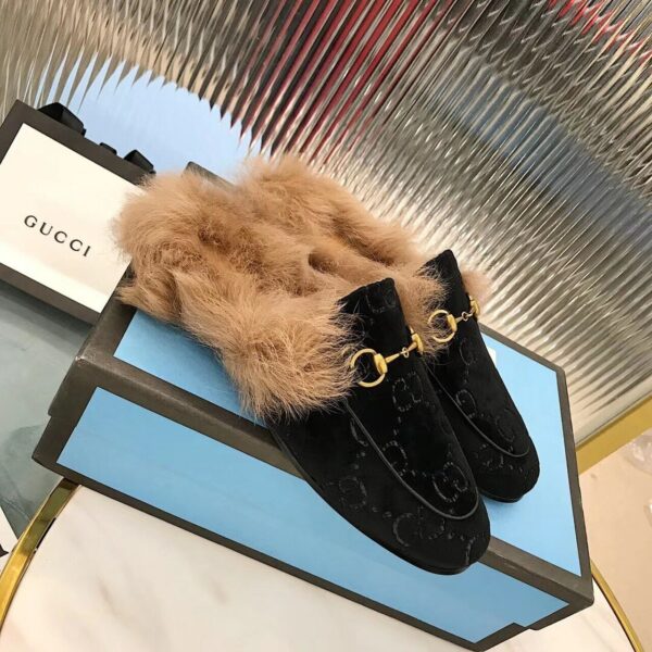 Gucci Princetown Velvet Fur Slipper Mules 448657Pre-Fall/Winter 2019 Collection, Black Women Shoes - Image 2