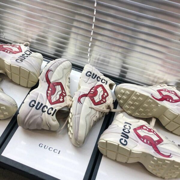 Gucci Rhyton Open Lips Unisex Dad SneakersSpring/Summer Collection Off White/Red Women Shoes - Image 9