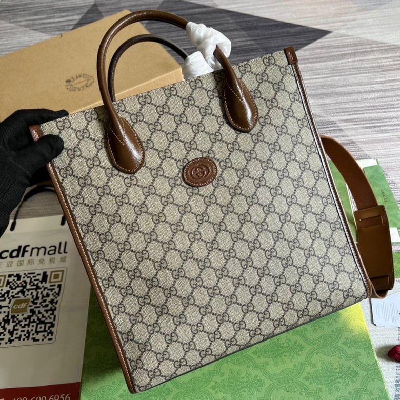 Gucci Small Beige And Ebony GG Canvas Tote With Interlocking G 723308