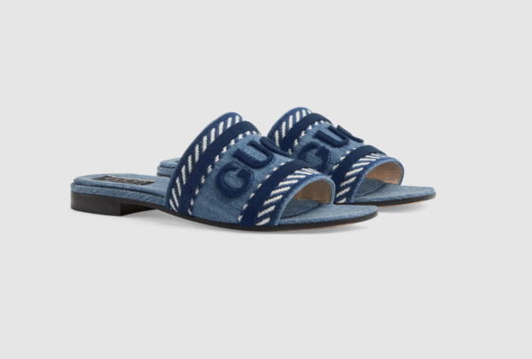 Gucci Women's Slide Sandal With Gucci Script Light Blue Denim