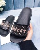 Guccy Logo Pursuit Canvas Slide Pool Sandals Spring/Summer 2018 Collection, Black Women Shoes