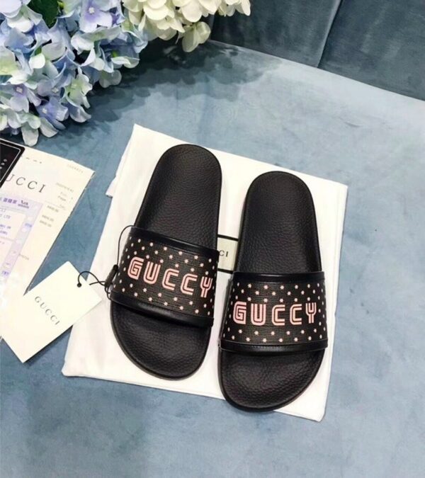 Guccy Logo Pursuit Canvas Slide Pool Sandals Spring/Summer 2018 Collection, Black Women Shoes - Image 3