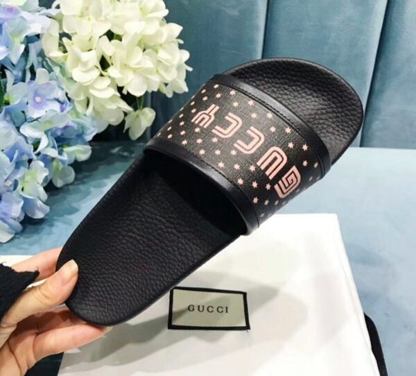 Guccy Logo Pursuit Canvas Slide Pool Sandals Spring/Summer 2018 Collection, Black Women Shoes - Image 2