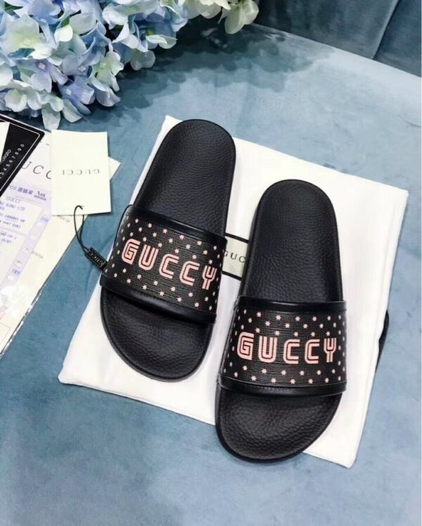 Guccy Logo Pursuit Canvas Slide Pool Sandals Spring/Summer 2018 Collection, Black Women Shoes