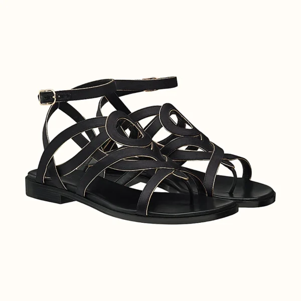 Hermes Carthage Satin Nappa Leather Sandal Noir / Dore