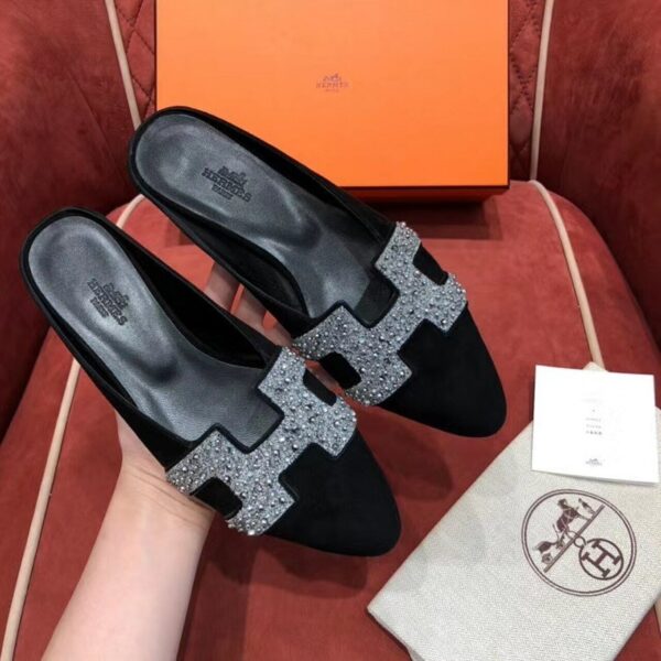 Hermes Crystal Roxane Mules Suede Goatskin Leather Spring /Summer Collection Noir - Image 8