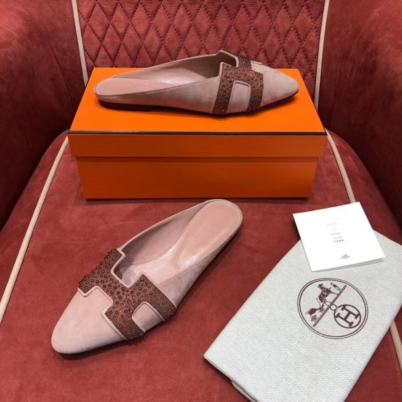 Hermes Crystal Roxane Mules Suede Goatskin Leather Spring /Summer Collection Rose /Nude