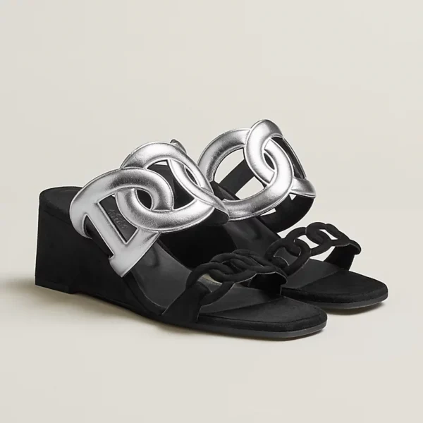 Hermes Figari 55 Suede Goatskin And Nappa Leather Sandal Noir / Gris Argent