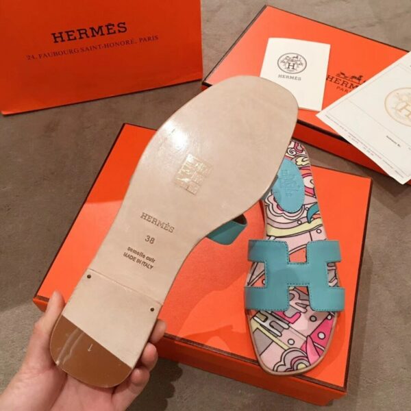 Hermes Oran Floral Canvas Sandals Box Calfskin Spring /Summer Collection Bleu Littoral - Image 7