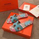Hermes Oran Floral Canvas Sandals Box Calfskin Spring /Summer Collection Bleu Littoral