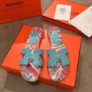 Hermes Oran Floral Canvas Sandals Box Calfskin Spring /Summer Collection Bleu Littoral