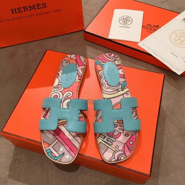 Hermes Oran Floral Canvas Sandals Box Calfskin Spring /Summer Collection Bleu Littoral - Image 2