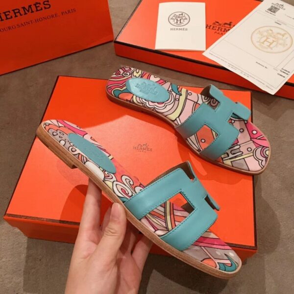 Hermes Oran Floral Canvas Sandals Box Calfskin Spring /Summer Collection Bleu Littoral - Image 8