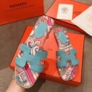 Hermes Oran Floral Canvas Sandals Box Calfskin Spring /Summer Collection Bleu Littoral