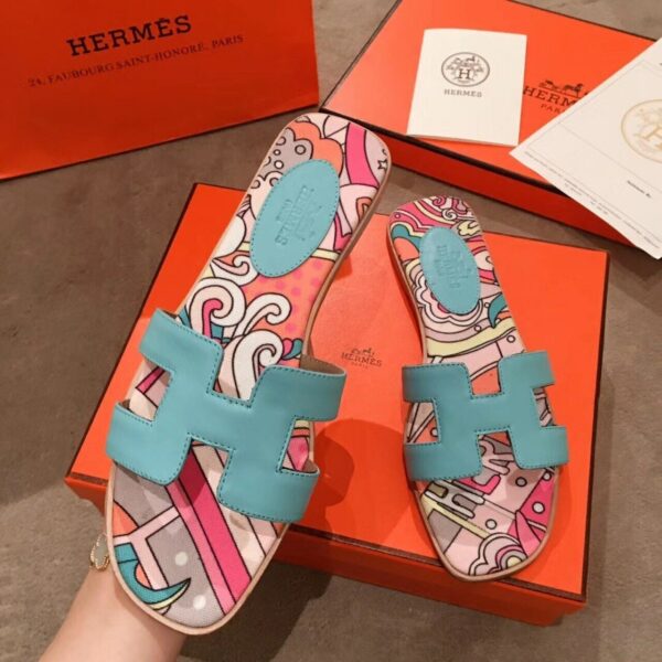 Hermes Oran Floral Canvas Sandals Box Calfskin Spring /Summer Collection Bleu Littoral - Image 5
