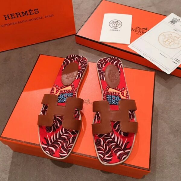 Hermes Oran Floral Canvas Sandals Box Calfskin Spring /Summer Collection Gold - Image 3