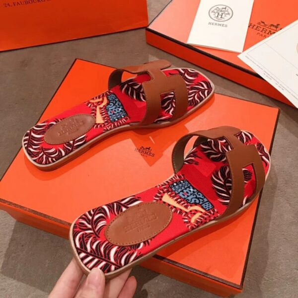 Hermes Oran Floral Canvas Sandals Box Calfskin Spring /Summer Collection Gold - Image 6