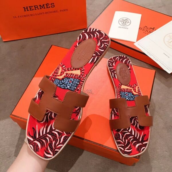 Hermes Oran Floral Canvas Sandals Box Calfskin Spring /Summer Collection Gold - Image 5