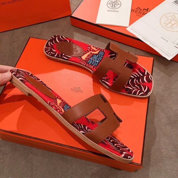 Hermes Oran Floral Canvas Sandals Box Calfskin Spring /Summer Collection Gold - Image 4