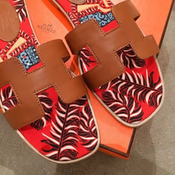Hermes Oran Floral Canvas Sandals Box Calfskin Spring /Summer Collection Gold - Image 7