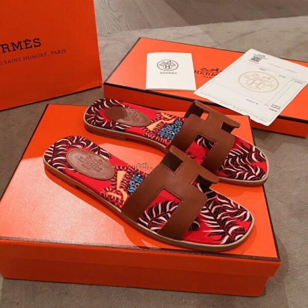 Hermes Oran Floral Canvas Sandals Box Calfskin Spring /Summer Collection Gold - Image 2