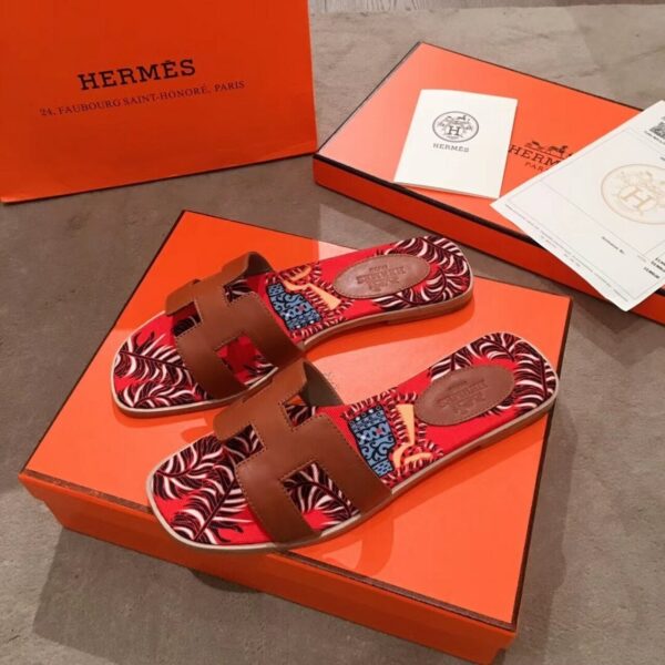 Hermes Oran Floral Canvas Sandals Box Calfskin Spring /Summer Collection Gold